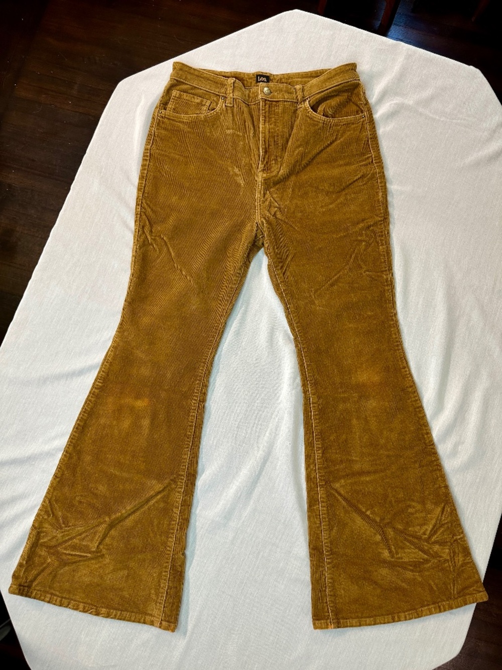 Lee High Rise Flare Corduroy Pants Womens 33 Tan Western Boho Hippie Bell Bottom